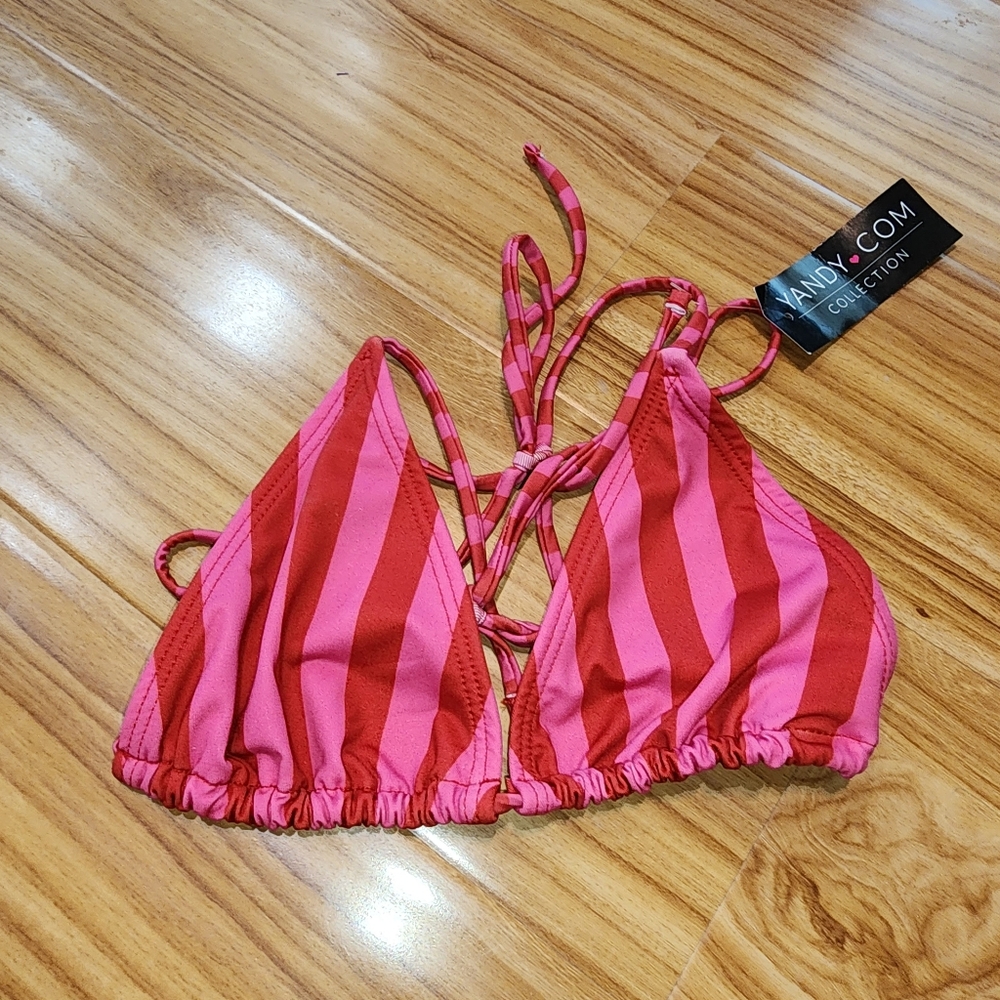 NWT Yandy Micro Bikini Thong Set Vertical Pink Red Stripe Strappy Sides Size M - Picture 4 of 6